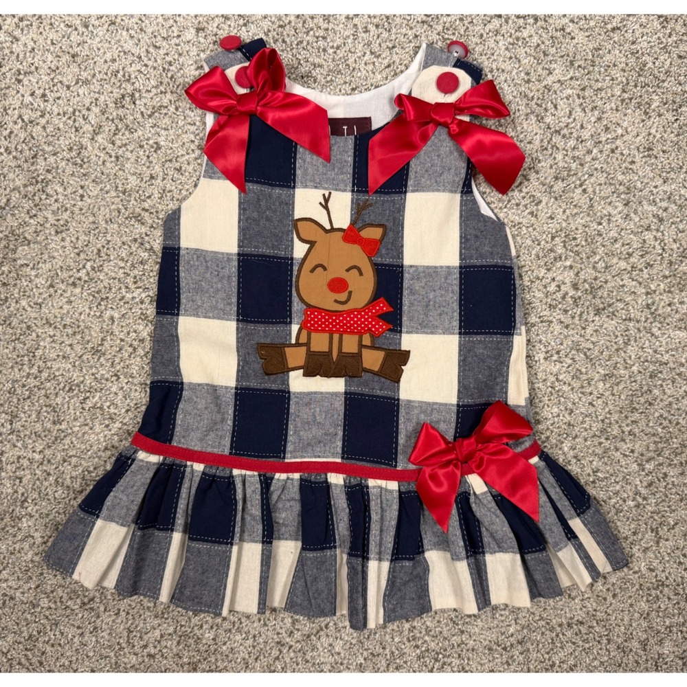 Lil Cactus Dress Reindeer Buffalo Plaid 6-12M Navy‎ Red Christmas Holiday Jumper